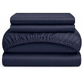 URBANHUT 100% Cotton Sheets Queen Size, 400 Thread Count -4Pc Sheet Set Bed Sheet for Queen Size Bed, Long Staple Sateen Weave Sheets, 16'' Elasticized Deep Pocket - Navy Blue