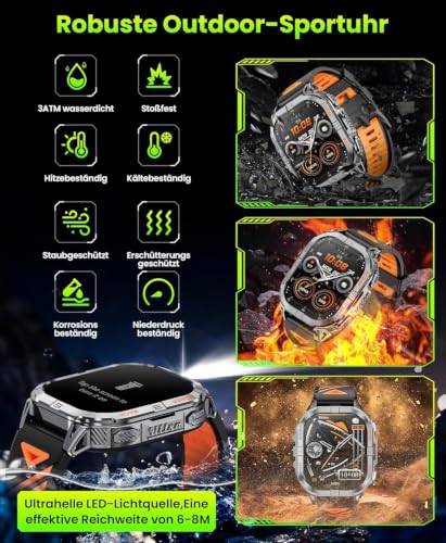 Joautrial Men's GPS Smart Watch, 2.13 Inch AMOLED Military Smartwatch with LED Flashlight, Barometer, Compass, 100+ Sports Modes, Bluetooth Calls, 3ATM Waterproof for Android iOS (Black)