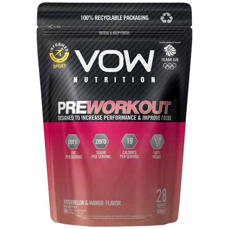 Vow Pre Workout Advanced Complex with Creatine, Beta Alanine, Caffeine, Improve Energy & Focus (Watermelon & Mango)