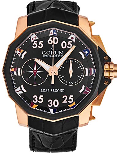 Corum-Admirals-Cup-Mens-18K-Rose-Gold-Leap-Second-Chronograph-Automatic-Watch-Black-Face-with-Nautical-Flags-and-Luminous-Hands-Black-Leather-Strap-Swiss-Made-Watch-for-Men-895931910001-AN42