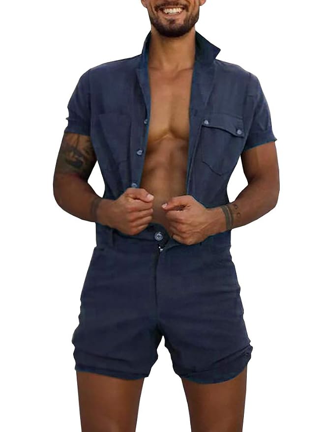 Makkrom Mens Romper One Piece Button Up Short Sleeve Jumpsuit Shorts 