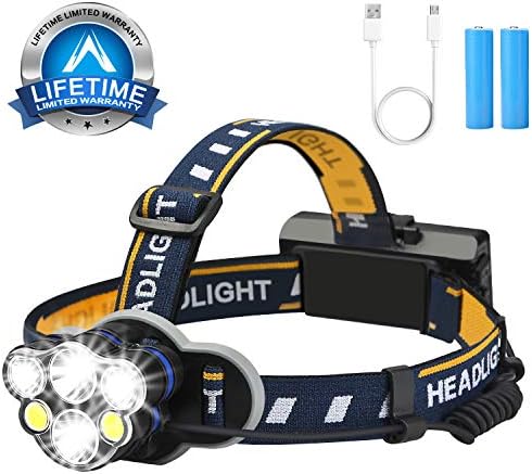 Headlamp Flashlight,6 Led Head lamps USB brightest Rechargeable Headlight 12000 lumen Waterproof 8 Modes,Include 18650 Batteries and USB Cable for outdoor camping