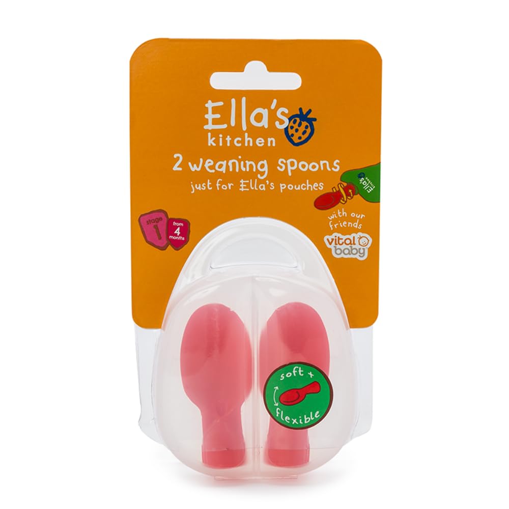 Vital Baby Ella's Kitchen Pouch Spoon Tips - Baby Weaning Spoons - Soft, Gentle and Flexible - BPA, Phthalate & Latex Free - Hygienic Travel Case Included - 4m+ - 2pk Red