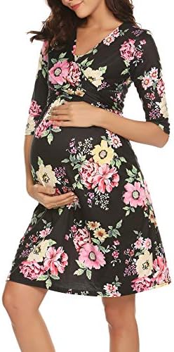 Womens 3/4 Sleeve Faux Wrap Maternity/Nursing Breastfeeding Dress Belt