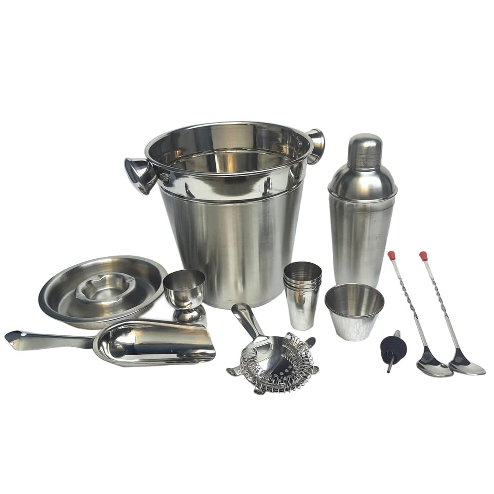 Kosma Professional 15-Piece Barware Set, Stainless Steel, Complete Cocktail Kit with Shaker, Champagne Bucket, Ice Scoop, Strainer, Mixing Spoons, Shot Glasses, Snack Bowls