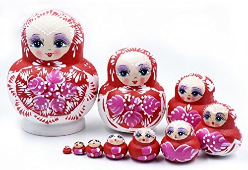 Conzy 10pcs Beautiful Handmade Wooden Russia Nesting Dolls Gift Russian Nesting Wishing Dolls Red Flower Matryoshka Traditional