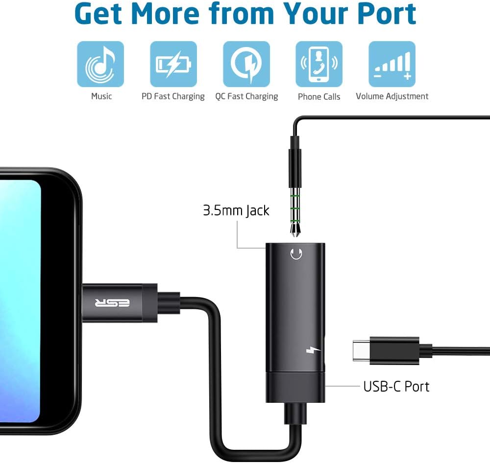 ESR 2-in-1 USB-C PD Headphone Jack Adapter, Type-C to 3.5mm Audio Adapter, for Aux, Stereo, Earphones, Headset, Headphones, Compatible with Galaxy S20/S10/Note10, Pixel 3/4, iPad Pro 2018, Black: Electronics