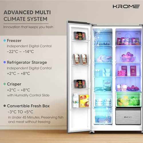 Krome 820L Gross Side-by-Side Refrigerator, 595L Net Capacity, No Frost, Inverter Compressor, Quick Cooling & Freezing, LED Touch Control, Twist Ice Maker, Dark INOX Metal Doors, KR-SBS 820WIH