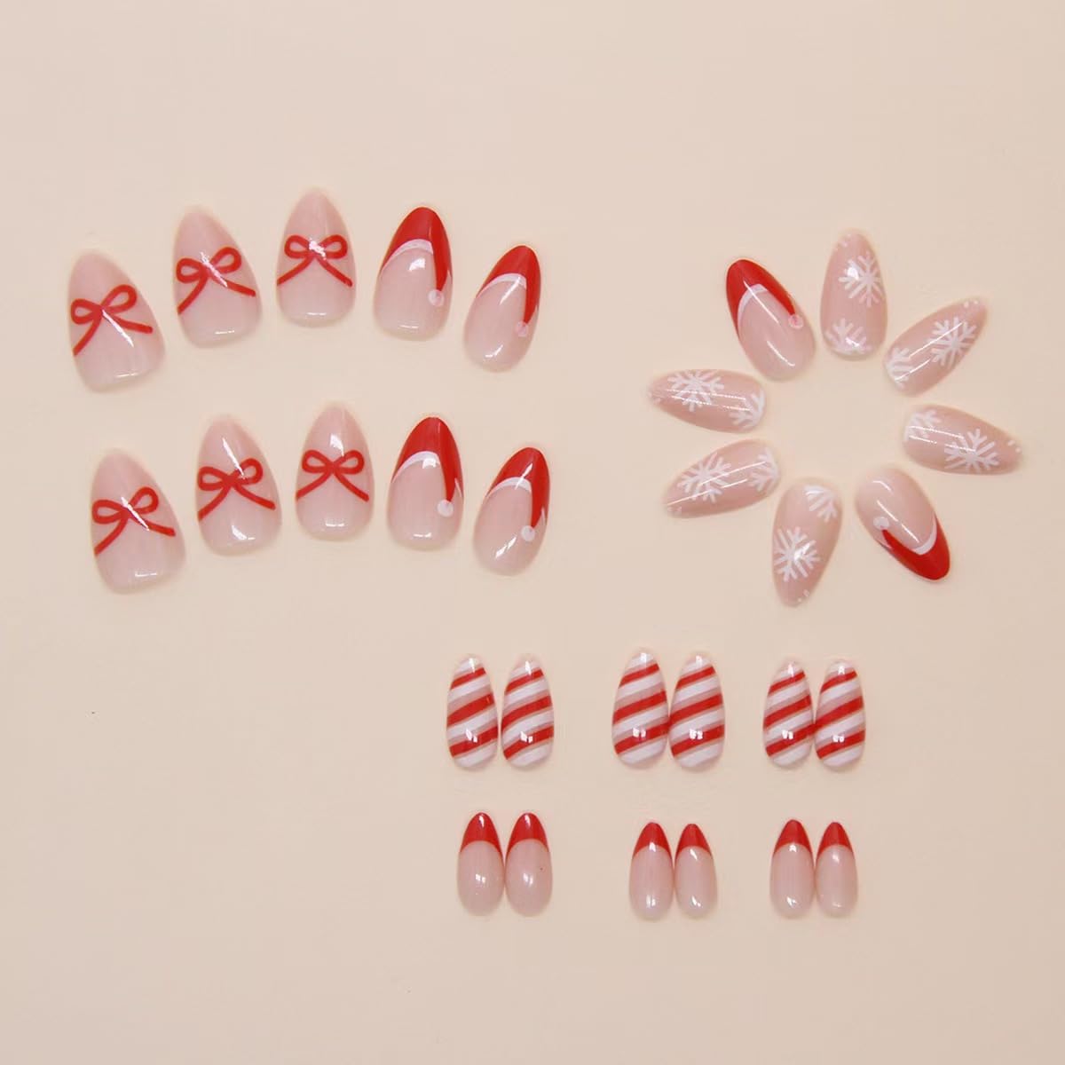 Christmas Press on Nails Medium Almond Fake Nails Snowflake False Nails with Christmas Hat Design Nude Glue on Nails Glossy Acrylic Full Cover Bowknot Stripe Stick on Nails for Women Manicure 24Pcs - Image 4