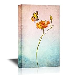 Leaf and Floral Canvas Wall Art - Abstract Flower with Butterfly on Watercolor Style Background - Gallery Wrap Modern Home Art | Ready to Hang - 12x18 inches