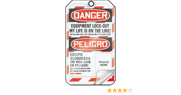 Accuform Signs Tsp107Lcp Self-Laminating Spanish Bilingual Lockout Tag, Legend "Danger Equipment Lock-Out My Life Is On The Line!/ Peligro Equipo Bloqueado ¡Mi Vida Esta En Peligro! (Photo Here)", 5.75" Length X 3.25" Width X 0.010" Thickness, Pf-Cardsto (846642047672)