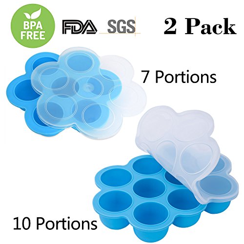 Vencer Silicone Baby Food Freezer Tray Food Storage Container with Clip-on Lid,BPA Free & FDA Approved,2 Pack Bundle of 7 and 10 Large Cups,Blue,VBO-001