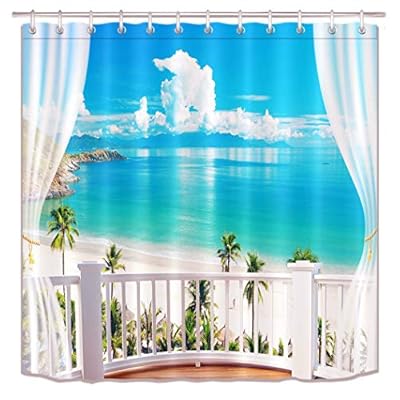LB Tropical Sand Beach Shower Curtain Hawaiian Paradise Seaside Balcony Scene Shower Curtain Hooks for Bathroom Decor,72… 51BOXCurILL