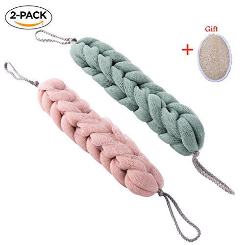 Bath Sponge Bamyko Exfoliating Braided Mesh Shower Pouf Loofah Stretch Back Scrubber 2 Pack + Loofah Pad