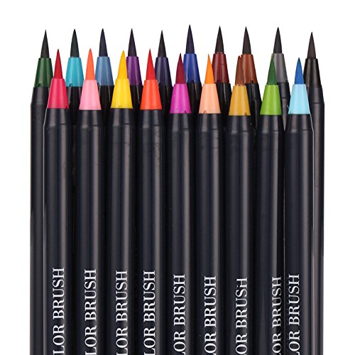 DOTKV Watercolor Brush Markers Pen Non Toxic Set of 20 Paint Pens Bright Neon Colored Soft Flexible Tip Plus 1 Auto Water Pen
