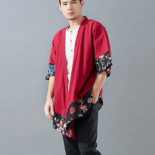 LZJN Men's Vintage Kimono Cardigan Cotton Linen Cloak Poncho Open Front Coat (Red, XL) - Thumbnail 4