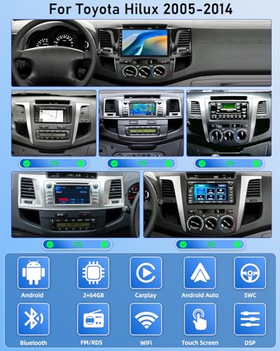 NHOPEEW 2G+64G Android Car Radio for Toyota Hilux 2005-2014 - Wireless Carplay & Android Auto - 9 Inch Android Stereo with WiFi EQ GPS Mirror Link FM RDS + AHD Camera & Mic