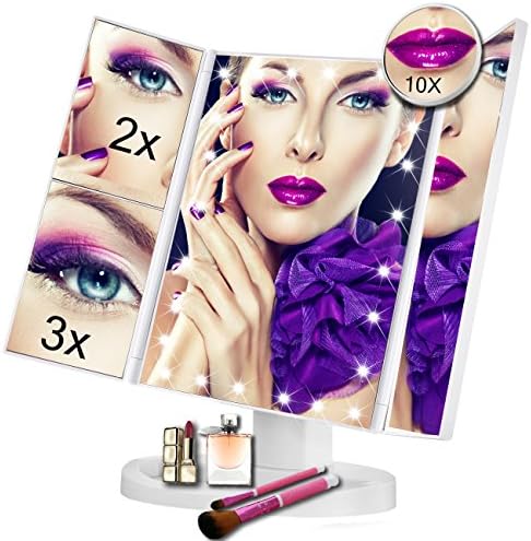 Vanity Makeup Mirror - Trifold Touch Screen 24 LED Lighted,1X/2X/3X/10X Magnification Cosmetic Mirror with 180° Free Rotation for Countertop Cosmetic Makeup