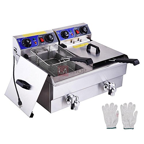 Click Here to See More Images 20L Dual Tank Stainless Steel Electric Deep Fryer w/ Timer and Drain