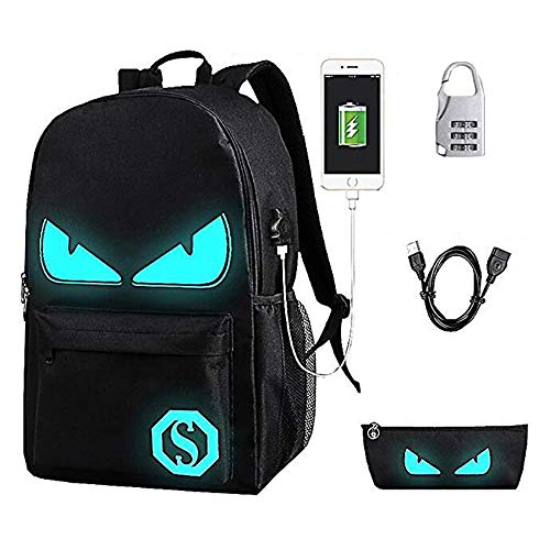 Lmeison Anime Cartoon Luminous Backpack with USB Charger Port and Lock & Pencil Case, Unisex Fashion Black Daypack Shoulder Rucksack Laptop Travel Bag College Bookbag - Thumbnail 2