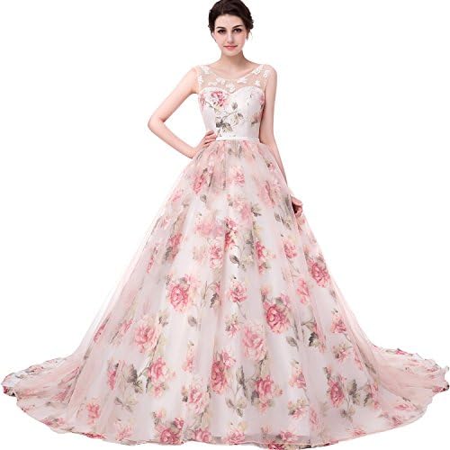 JoJoBridal Women's A Line Floral Print Long Evening Prom Dresses Backless Ball Gowns M088