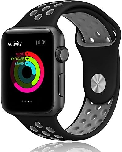 Apple Watch Band, LOHG 42mm Soft Silicone Bracelet iwatch Bands Sport Replacement Strap Wristband with Ventilation Holes for Apple Watch Nike+, Apple Watch Series 1/2 (( 42MM -- Black / Grey))