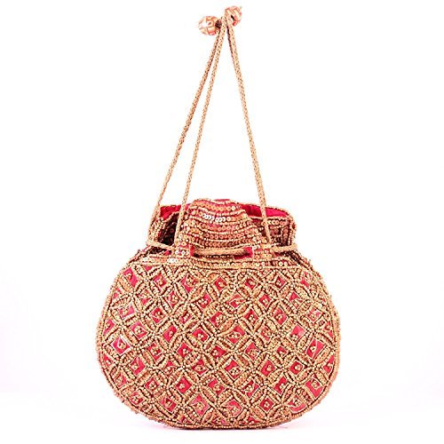 Purpledip Potli Bag (Drawstring Purse): Gold Thread Sequin Embroidery, Red (10673)