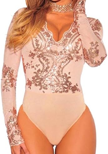 GodeyesWomen Godeyes Womens' V Neckline Novelty Sparkly Sequin Sheer Clubwear Bodysuit Rompers Apricot L