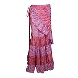 Mogul Interior Women's Ruffled Wrap Skirts Pink Silk Sari Resort Party Skirt M