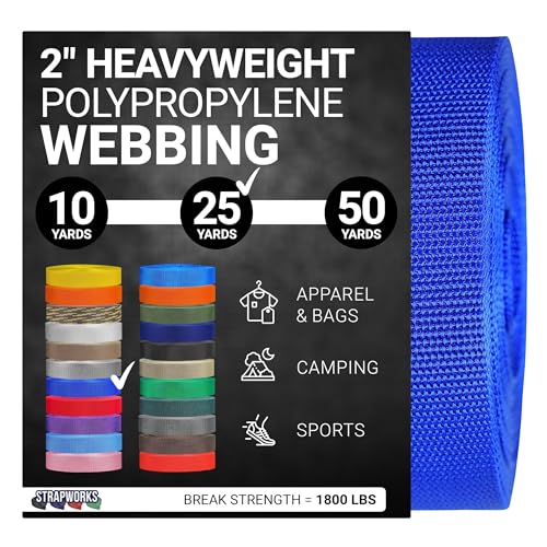 Strapworks Heavyweight Polypropylene Webbing - Heavy Duty Poly Strapping for Outdoor DIY Gear Repair, 2 Inch x 25 Yards - Royal Blue
