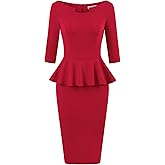 MUXXN Women's 50s Vintage Bodycon 3/4 Sleeve Midi Peplum Business Formal Work Pencil Dresses