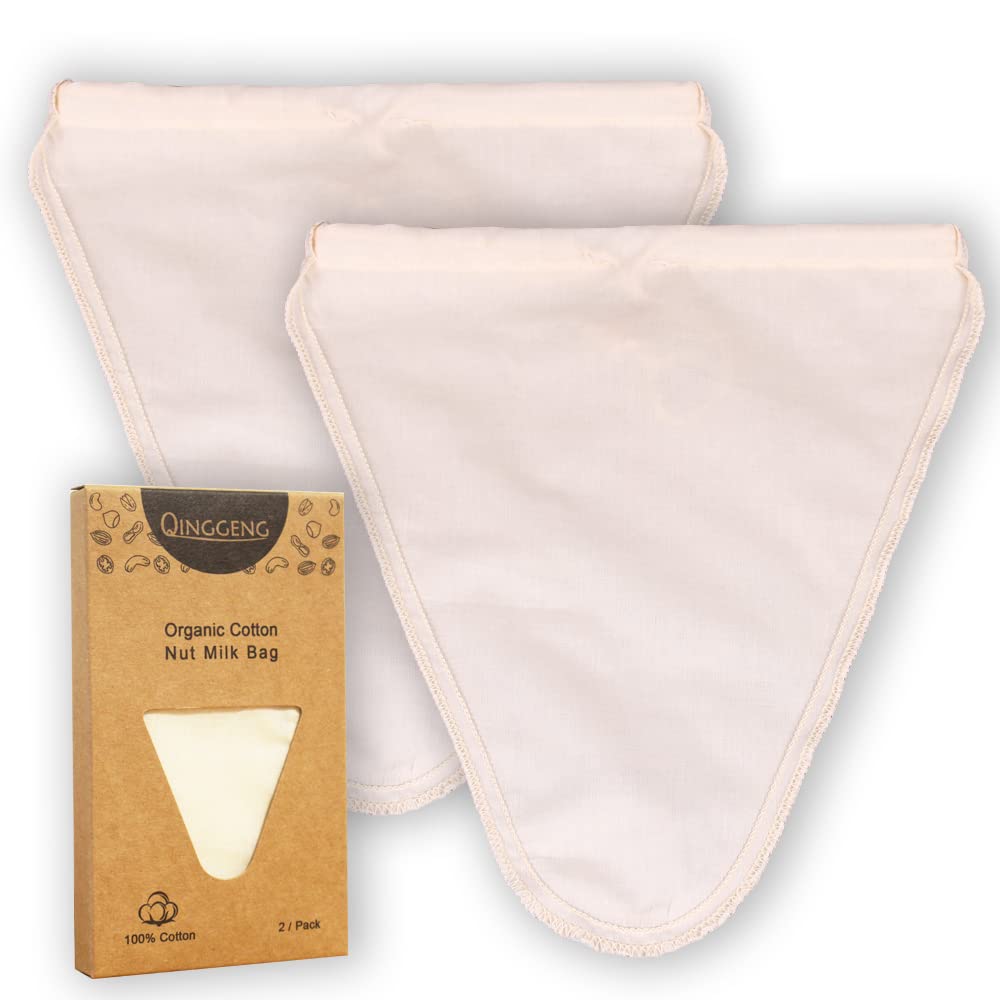 QINGGENG Premium Organic Cotton Nut Milk Strainer Bag, 2 Pack Reusable, 28 x 30 cm Cheesecloth Bag for Almond Milk, Oat Milk, Juice, Yoghurt