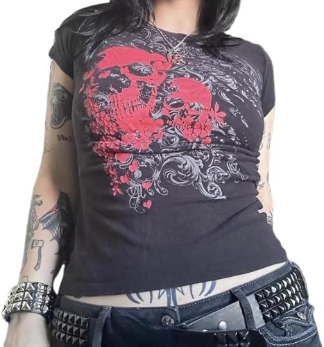 Women Grunge Graphic Short Sleeve Tees Y2k Gothic Crew Neck T 