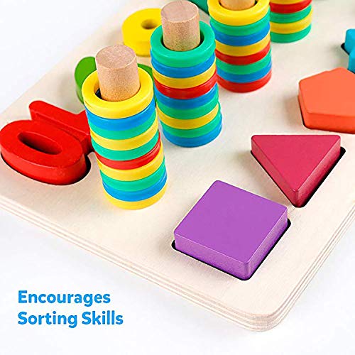 3-in-1 Wooden Blocks Puzzle Board Set, Math Toddler Kids Early Education Shape Sorter Counting Numbers 0-10 Ring, Learning & Educational Toys for Number Counting, Shape Sorting, Colors Stacking