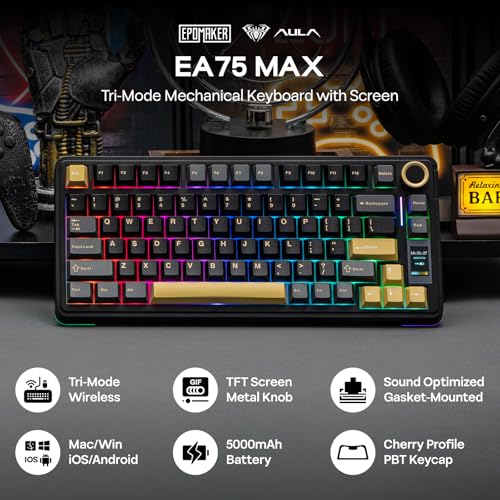 EPOMAKER X Aula EA75 MAX Wireless Gaming Keyboard with Screen & Knob, 5000mAh, Hot-Swap, Lubed Switches, RGB Backlit, Creamy Gasket, 75% Mechanical Keyboard (Black, Ice Vein Switch)