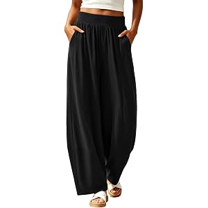 QUNPIU Women Casual Wide Leg Palazzo Pants Comfy Soft Loose Fit Flowy Lounge Pants Lightweight High Waisted Barrel Trousers