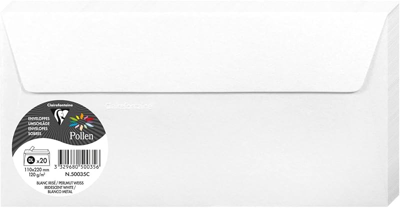 Clairefontaine Pollen Iridescent White Paper Envelopes DL 11x22cm 120gsm Pack 20
