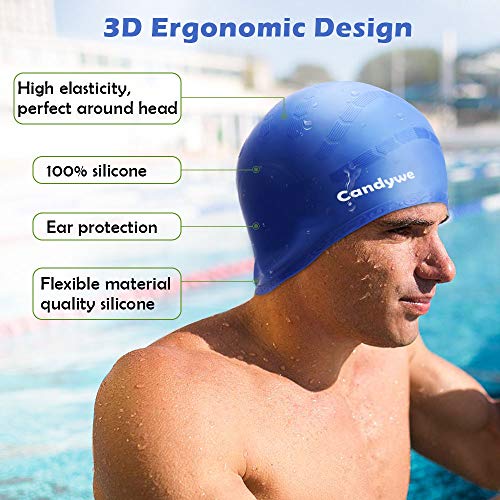 Candywe Swim Cap Cover Ears, Waterproof Silicone Bathing Swimming Cap,Swim Hat for Long Short Hair Women Men Kids Swimming Pool Caps with Nose Clip and Ear Plugs (Blue)
