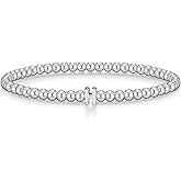 Wowshow Silver Bracelets for Women, Stretch Initial Silver Beaded Bracelets with Letter Charm Jewelry Gifts for Mother Birthday