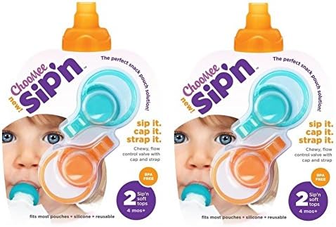 ChooMee Sip'n Soft Top with Flow Control and Cap for Baby Food Pouch Feeding (2 Orange and 2 Aqua)