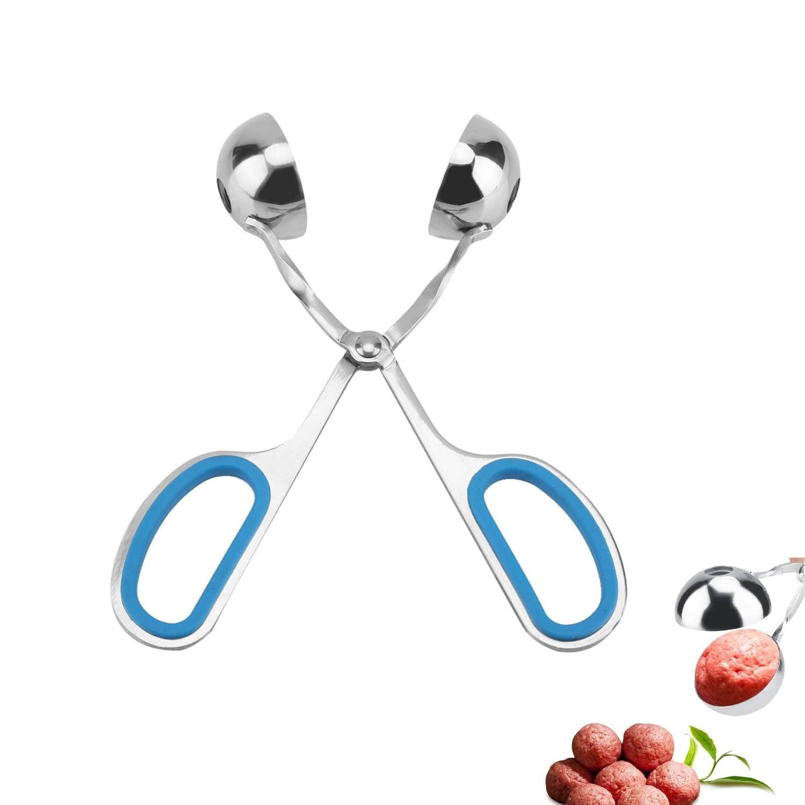 1.4 Inch Meatball Maker, Meatball Scoop Maker Non Stick Food Scoop Stainless Steel Meat Baller Tongs Roller Kitchen Manual Meatball Making Tools with Detachable Anti-Slip Handles for Home Use(Blue)