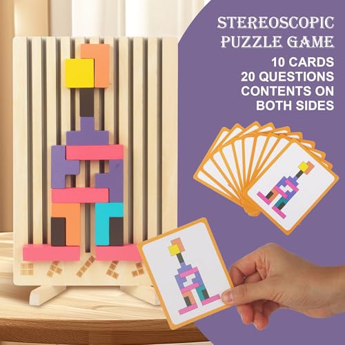 Tetris Wooden Stacking Game Educational Toys with 10 Cards Intelligence Jigsaw Puzzle Children 3 4 5 6 Years Old Colorful Geometric Blocks Tetris Educational Gift