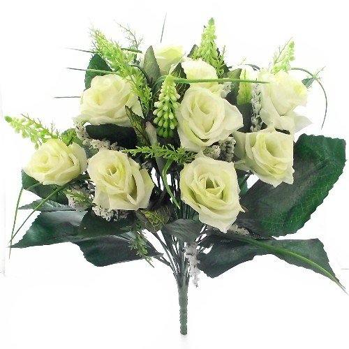 38cm Artificial Silk Ivory Rose & Grass Bush with Gyp & Foliage - 12 flower heads- Wedding Grave Home Decoration
