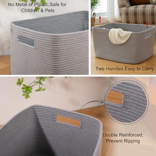 OIAHOMY XXLarge Rectangle Blanket Basket-96L, Cotton Woven Basket for Storage, Dirty Clothes Basket for Living Room, Nursery, Bedroom, Toy Organizing with Handle, 24" x 16" x 15", Grey