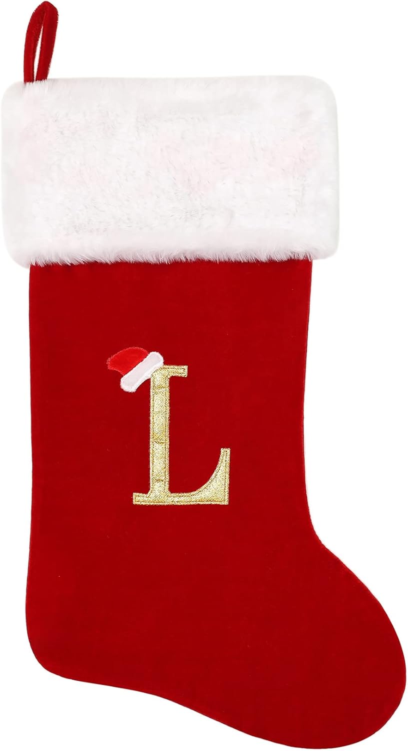 Stockings & Holders - Tokforty 20 Inches Red Velvet with White Super Soft Plush Cuff Monogram Christmas Stockings, Xmas Personalized Embroidered Letter Stockings for Family Holiday Decorations and Xmas Tree Fireplace（L）