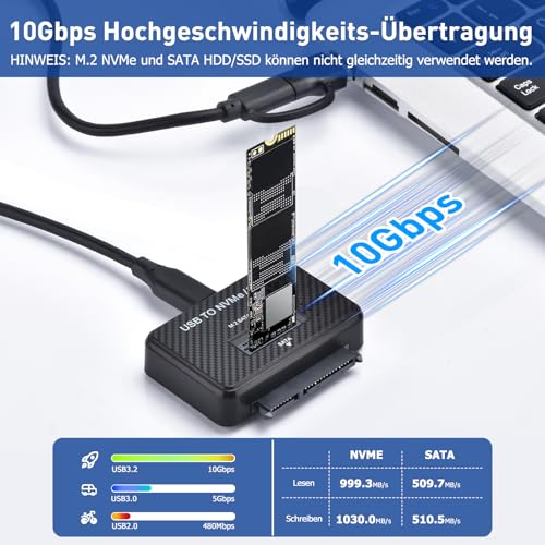 M.2 NVMe and SATA Hard Drive Docking Station Supports 2.5 Inch HDD/SSD, 10Gbps NVMe USB Adapter for M-Key B+M Key, USB 3.2 Gen2 Dual Protocol M2 SSD Enclosure for 2230 2242 2260 2280 SSD