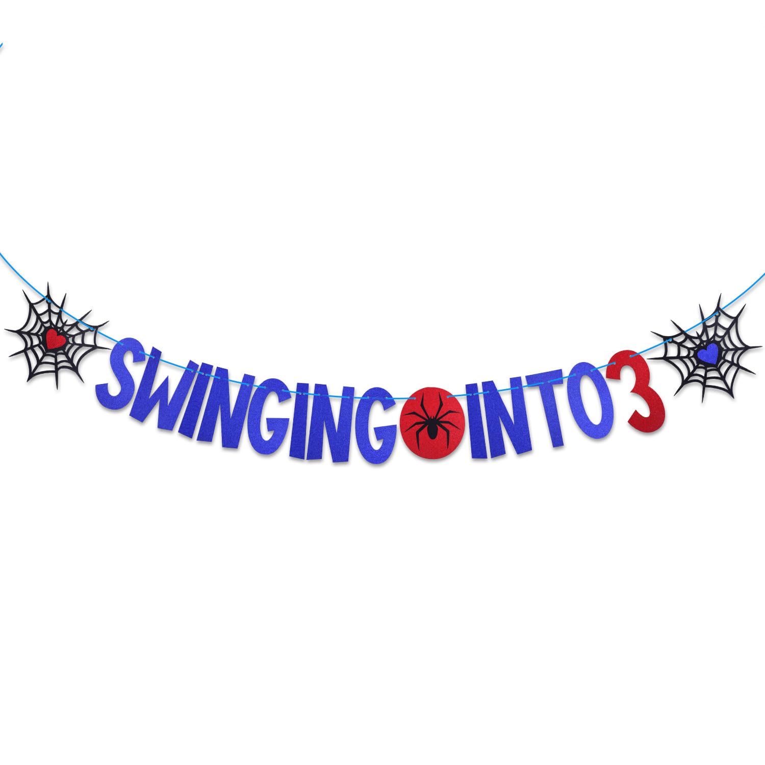 SAVITA Spider Web Swinging Into 3 Banner, Blue and Red Cartoon Movie Hanging Bunting Garland Spider Web Theme Happy 3rd Birthday Party Decoration for Kids