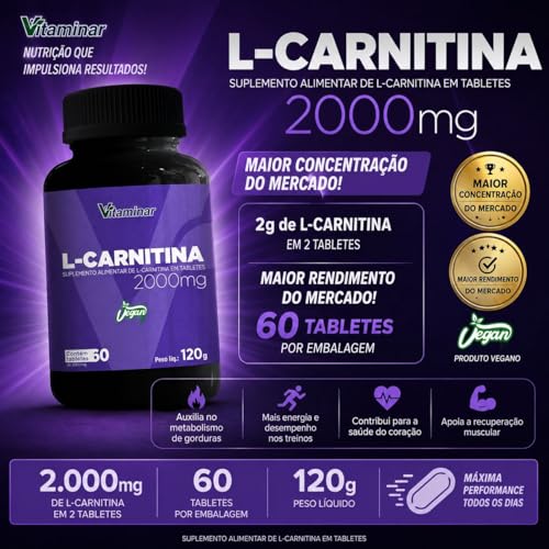 Vitaminar L-Carnitina 2000mg Vegano 120g 60 Tabletes Suplemento Nutricional