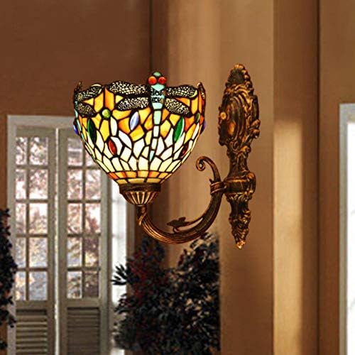 TopDeng Tiffany Style Multicolored Shade Design Wall lamp Handmade Stained Glass Dragonfly Wall Lights E26 (Does not Contain Light Source)-Colorful 16x17cm