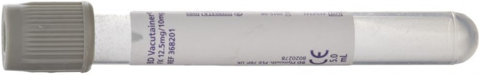 BD VS368201 Vacutainer Plastic Fluoride/Oxalate Tube with Grey Hemogard Closure, 5 ml,Pack of 100